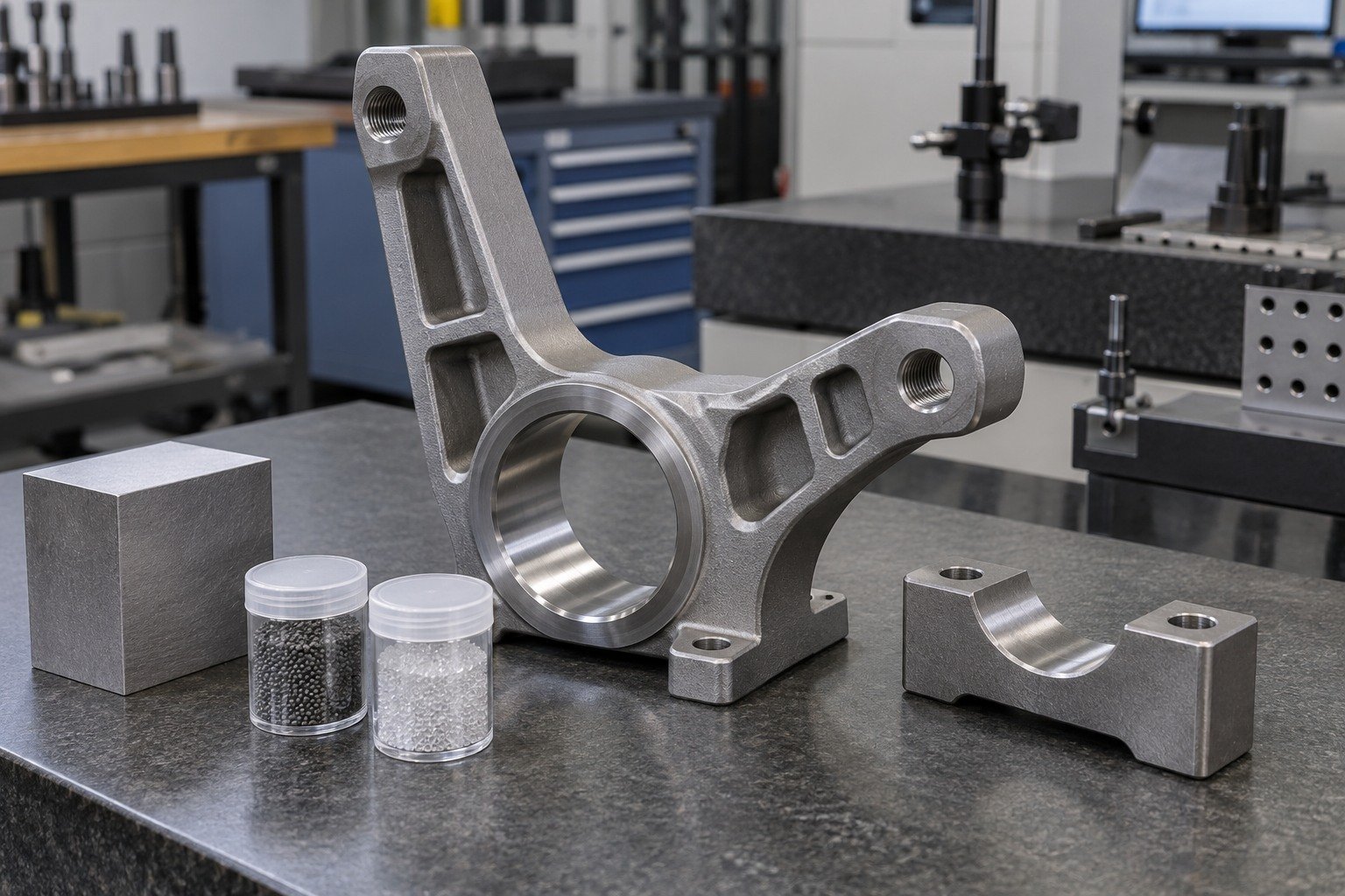 Your Custom Part — Material & Media — illustrative media-blasted metal component