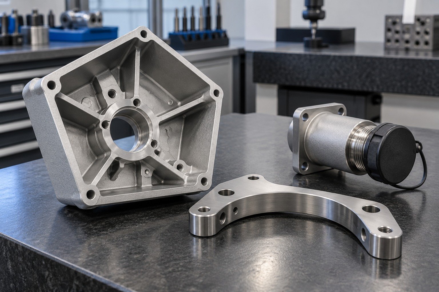 Illustrative matte abrasive-finished metal housing, curved mounting bracket and protected threaded interface