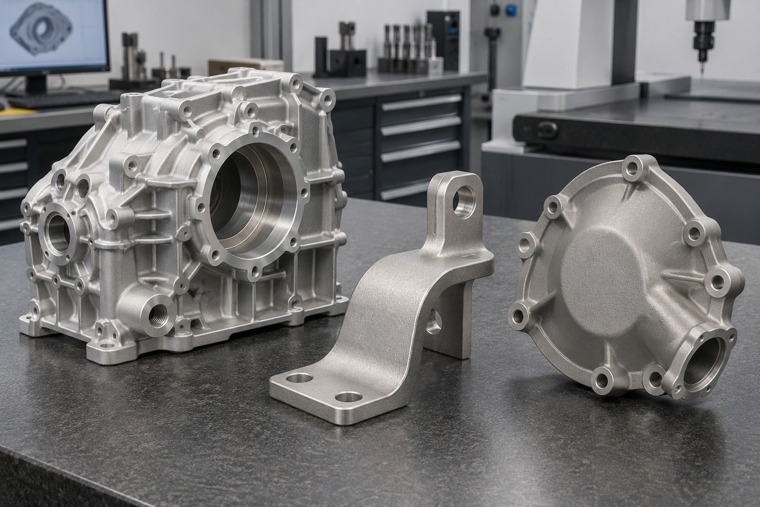 Illustrative matte blasted metal enclosure, complex ribbed bracket and flanged precision housing