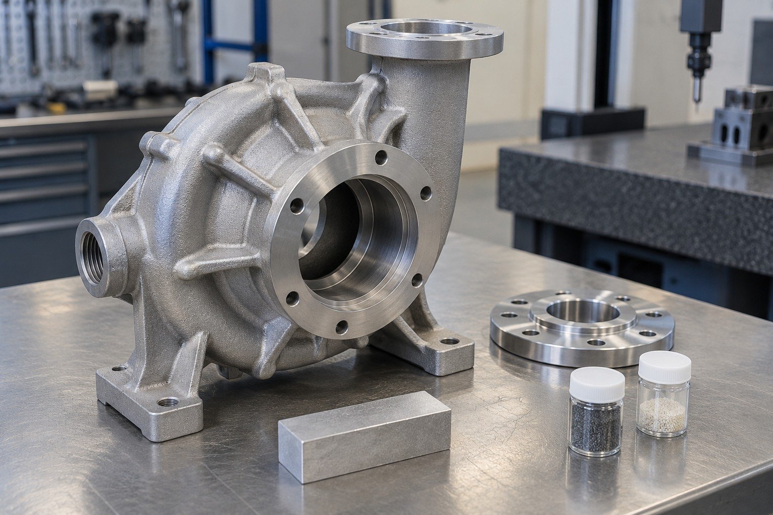 Cast Components — Material & Media — illustrative media-blasted metal component