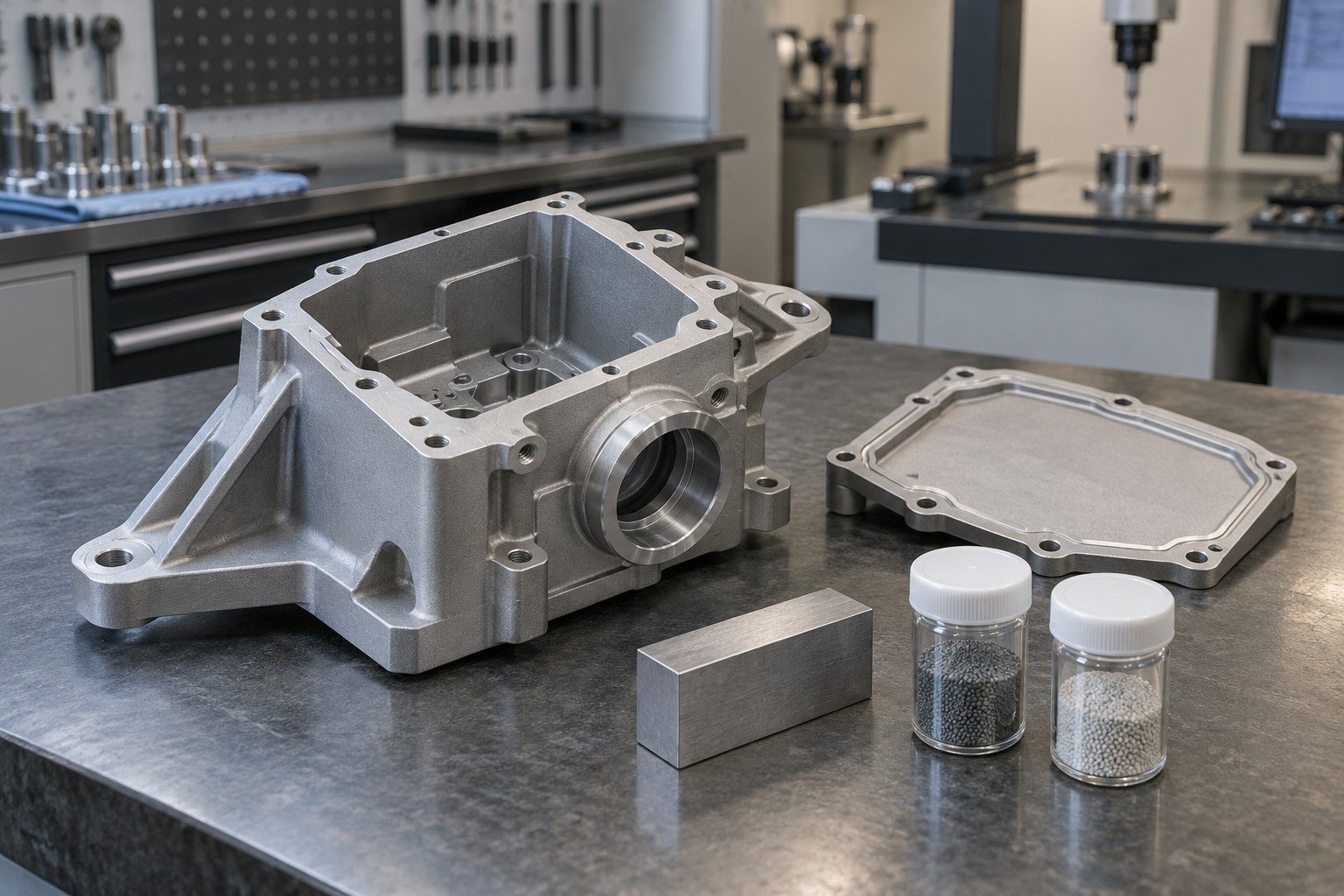 Machined Housings — Material & Media — illustrative media-blasted metal component
