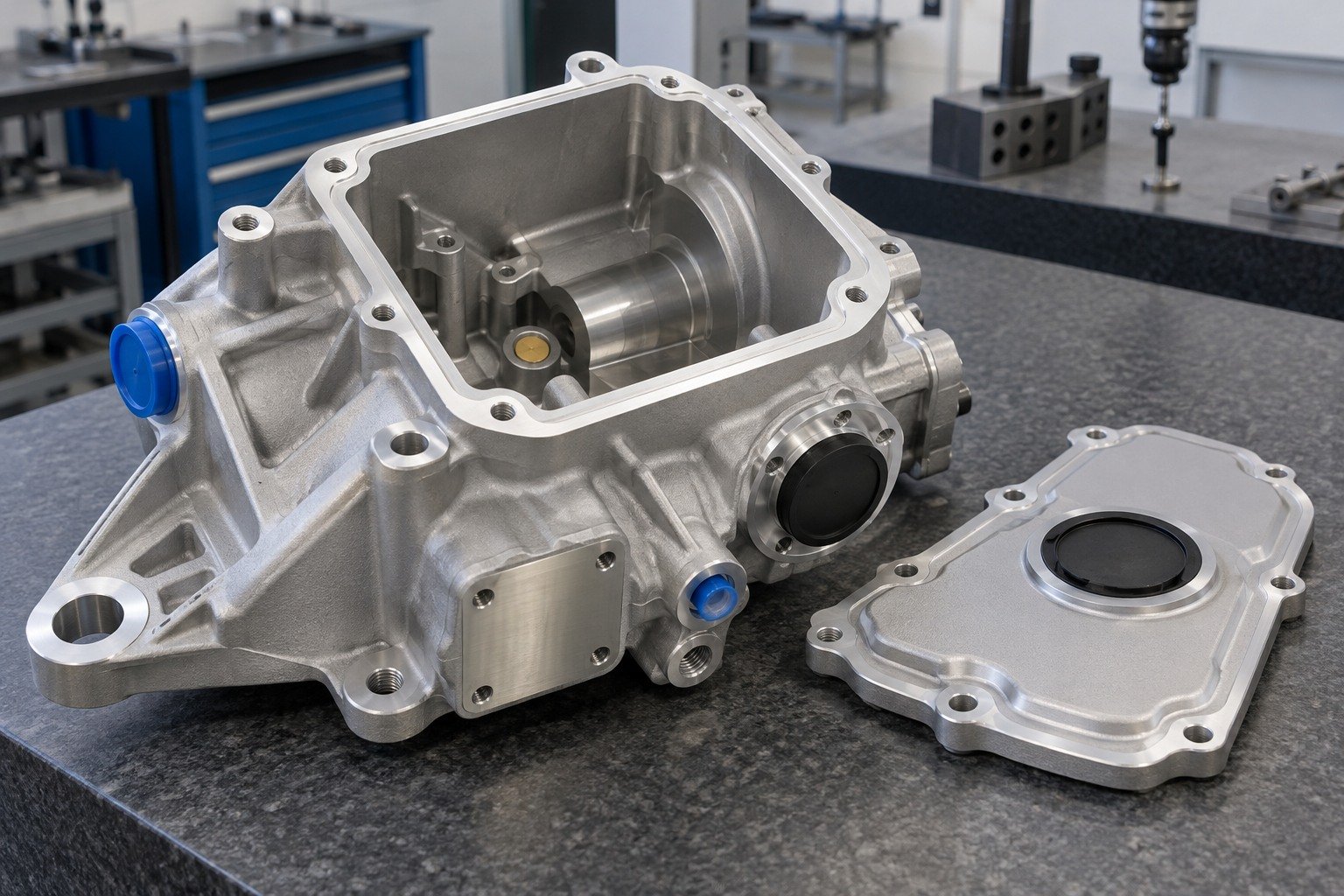 Machined Housings — Protected Features — illustrative media-blasted metal component