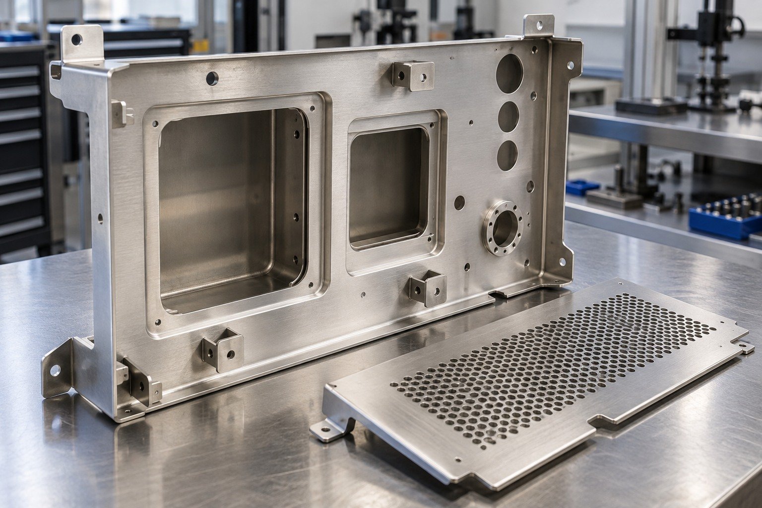 Formed & Welded Parts — illustrative media-blasted metal component
