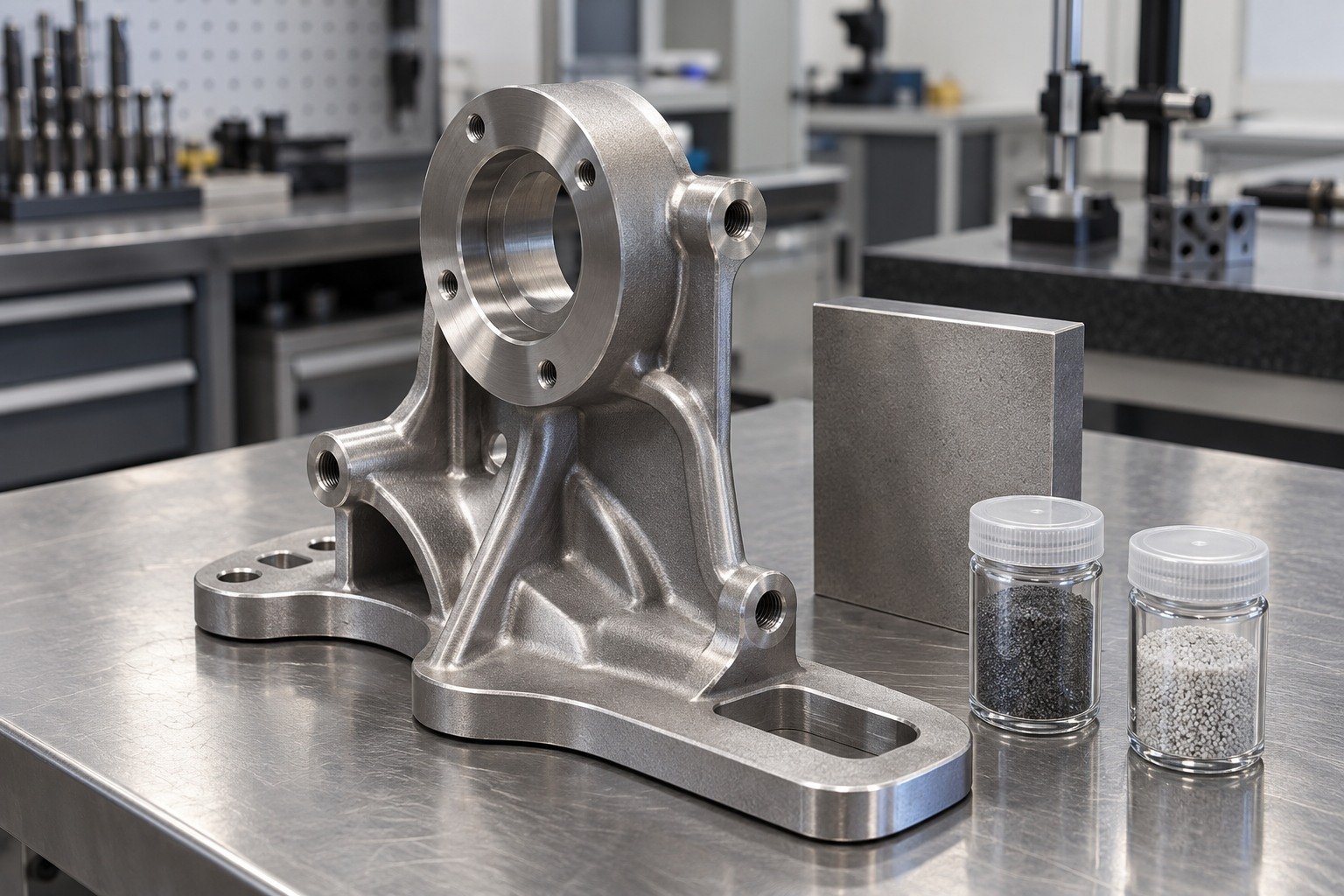 Stainless Components — Material & Media — illustrative media-blasted metal component