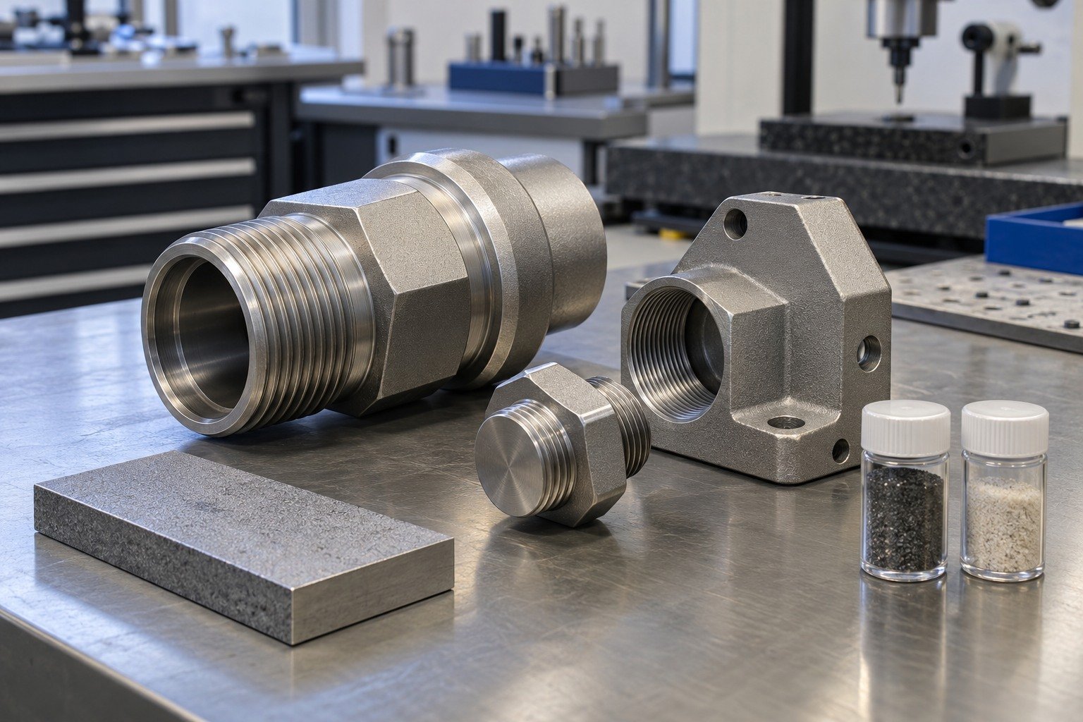 Threaded Interfaces — Material & Media — illustrative media-blasted metal component