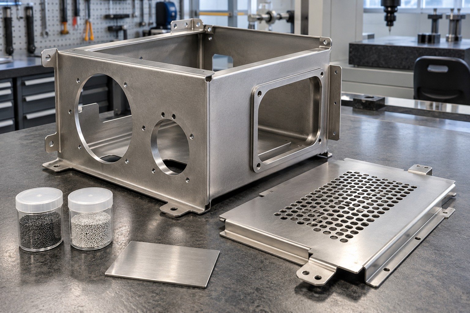 Sheet Metal Parts — Material & Media — illustrative media-blasted metal component