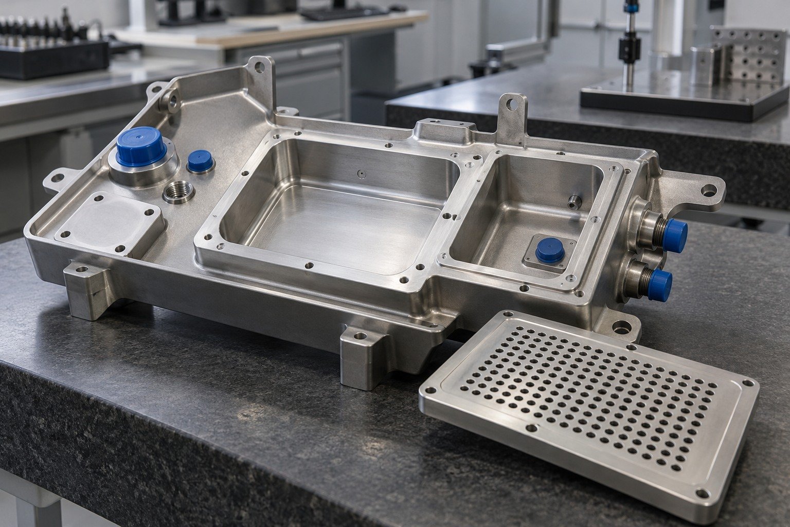 Sheet Metal Parts — Protected Features — illustrative media-blasted metal component