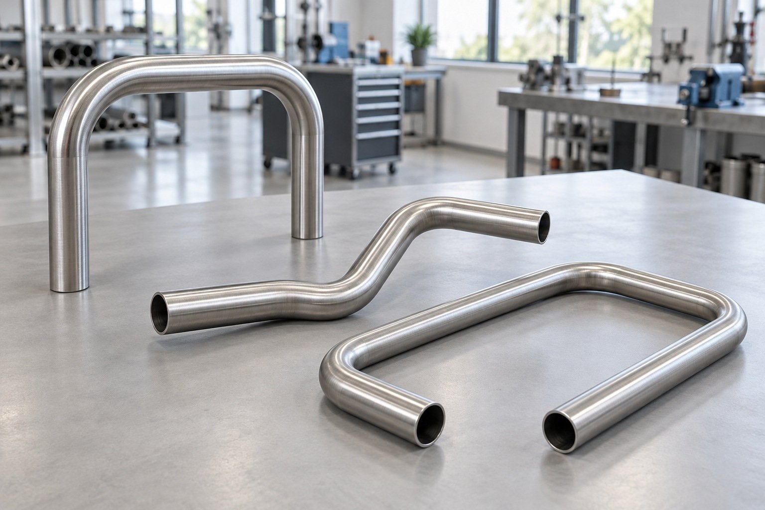 Three distinct smooth bent hollow metal tubes with mounting ends