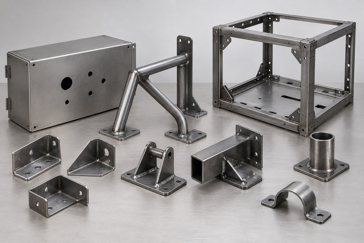 Illustrative welded brackets, frames and enclosures