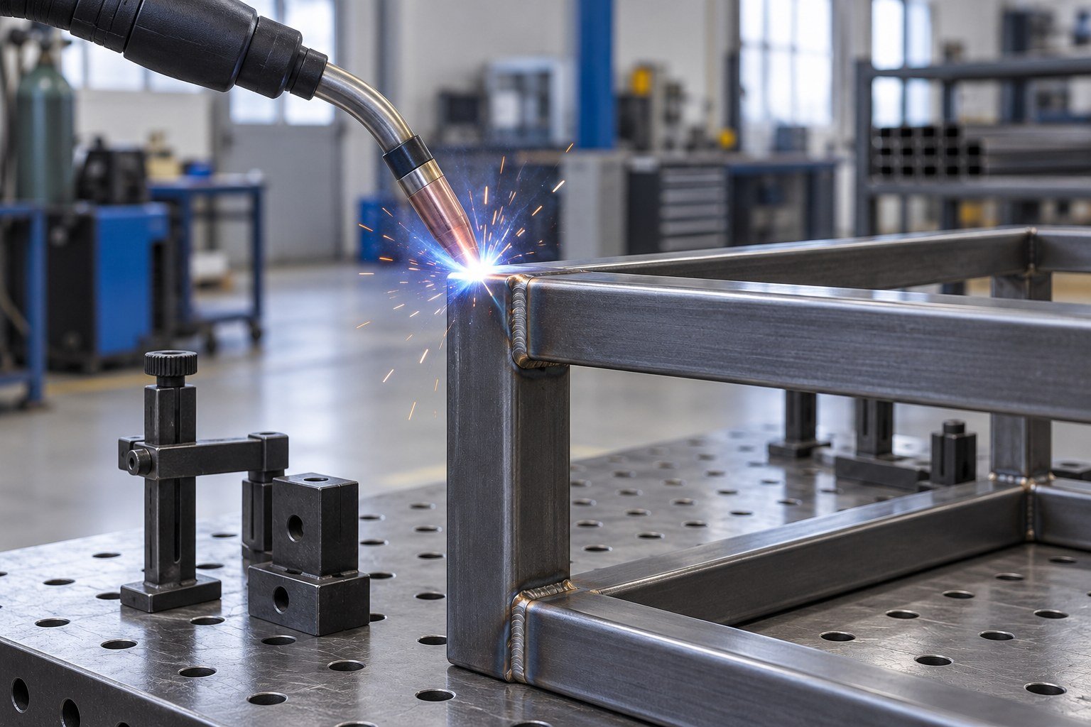 Welding torch joining a steel frame in a clean illustrative process scene