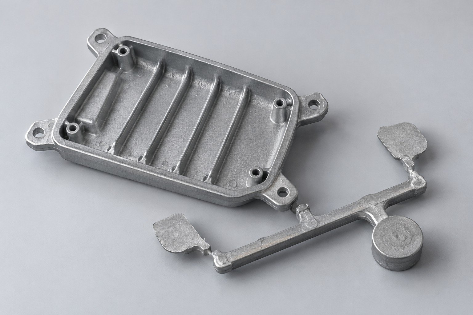Zinc casting with runner and overflow network — illustrative detail concept