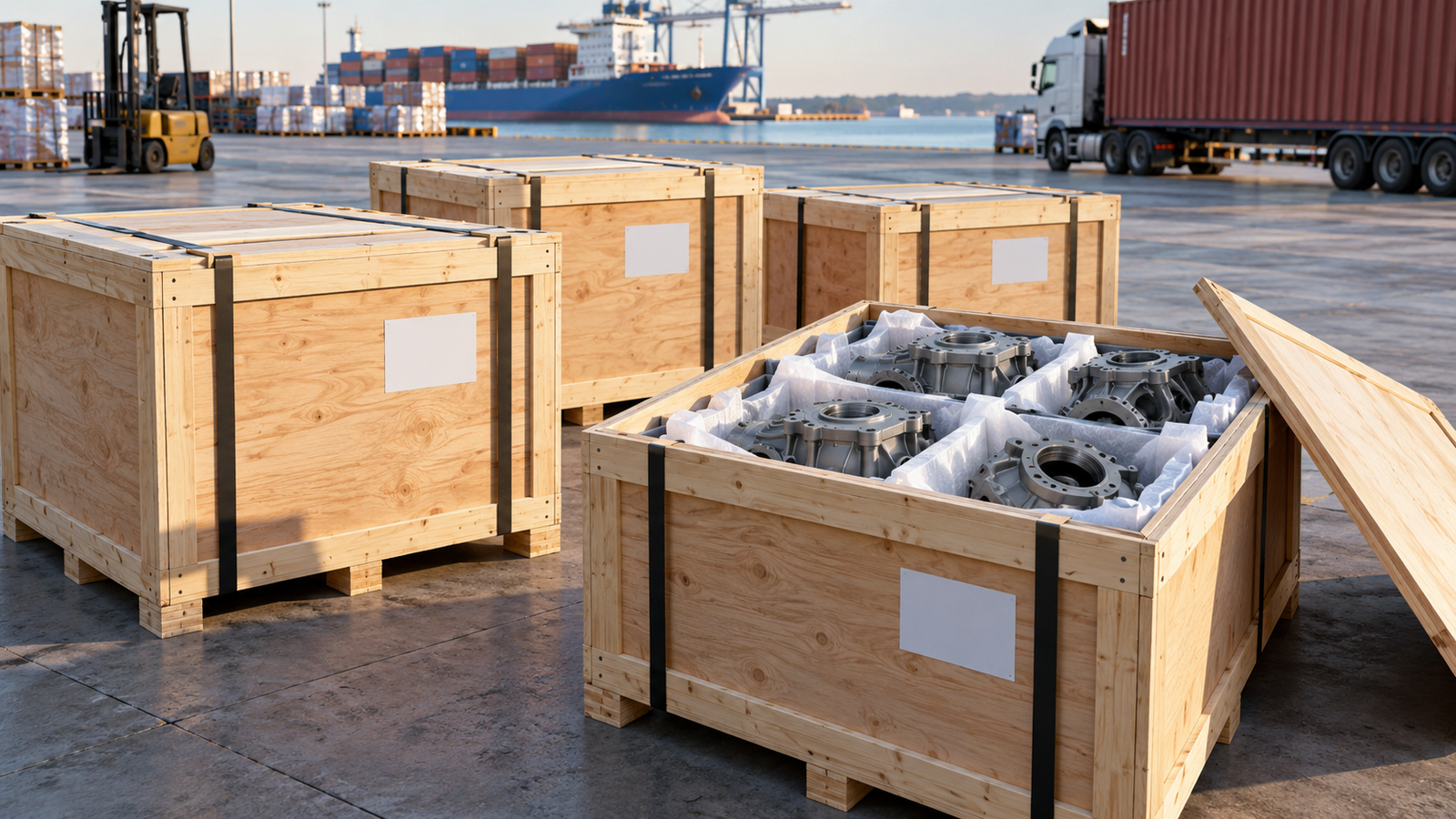 Illustrative protected custom parts prepared for export in wooden crates