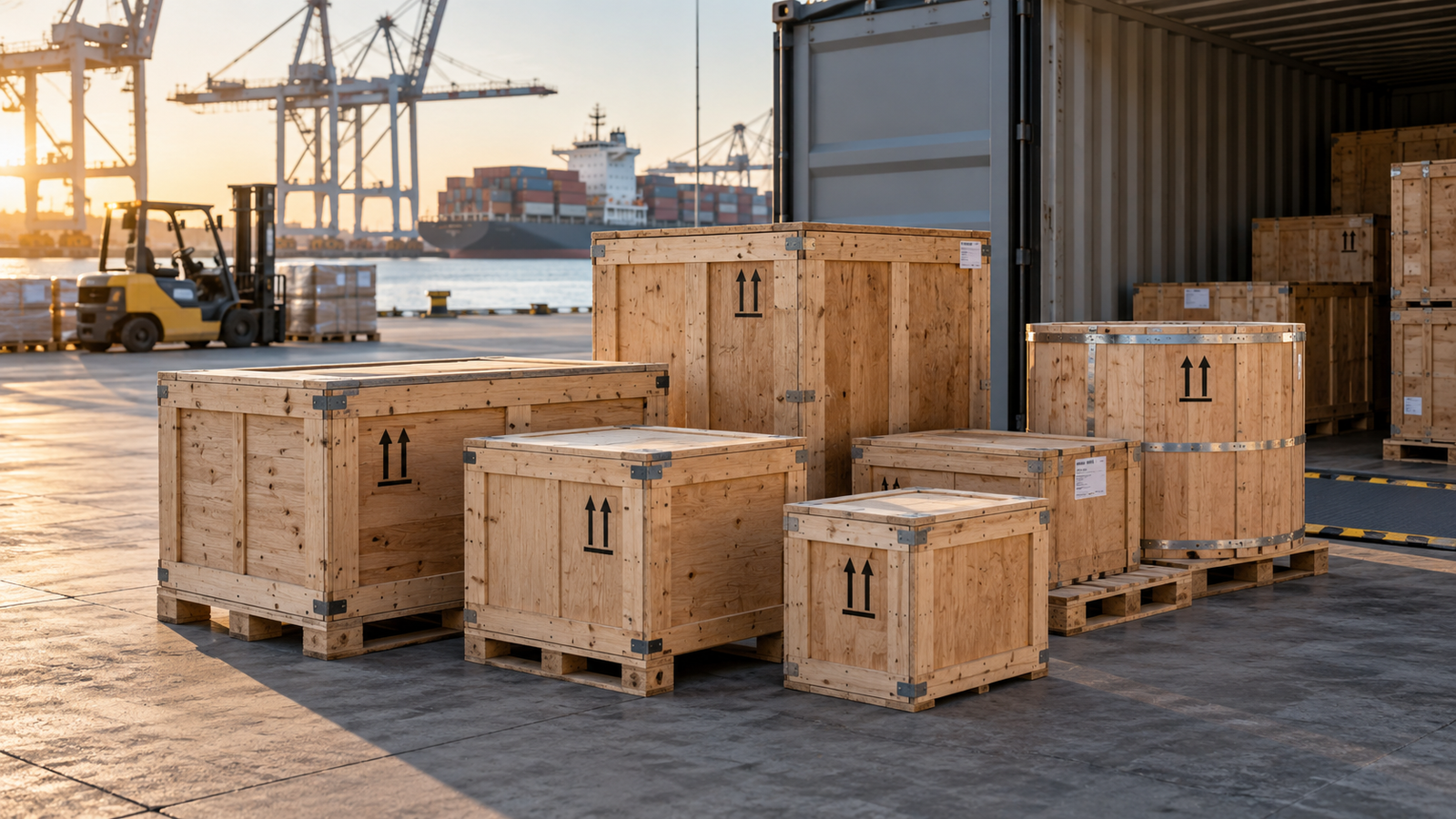 Illustrative grouped export crates for consolidated shipping