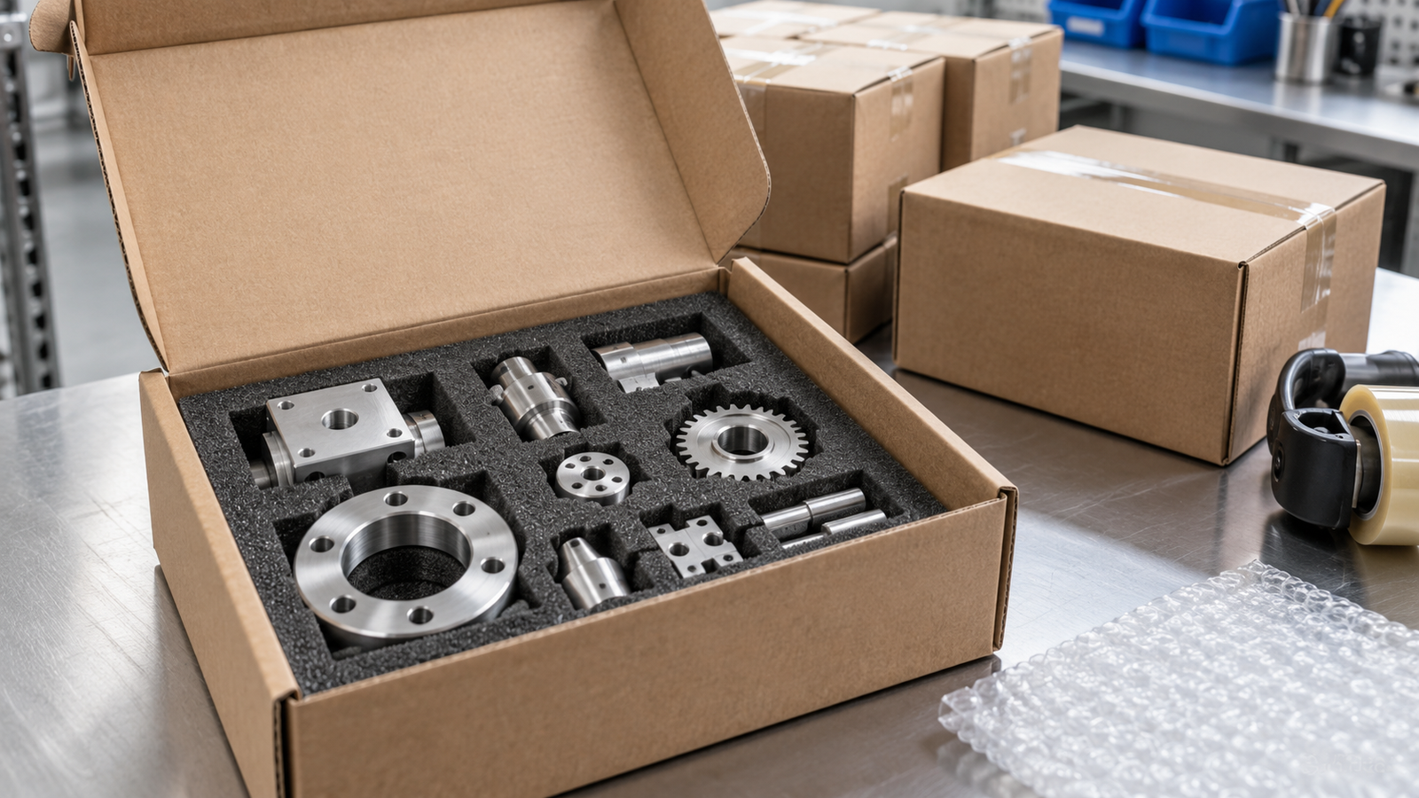 Illustrative protective courier packaging for custom parts