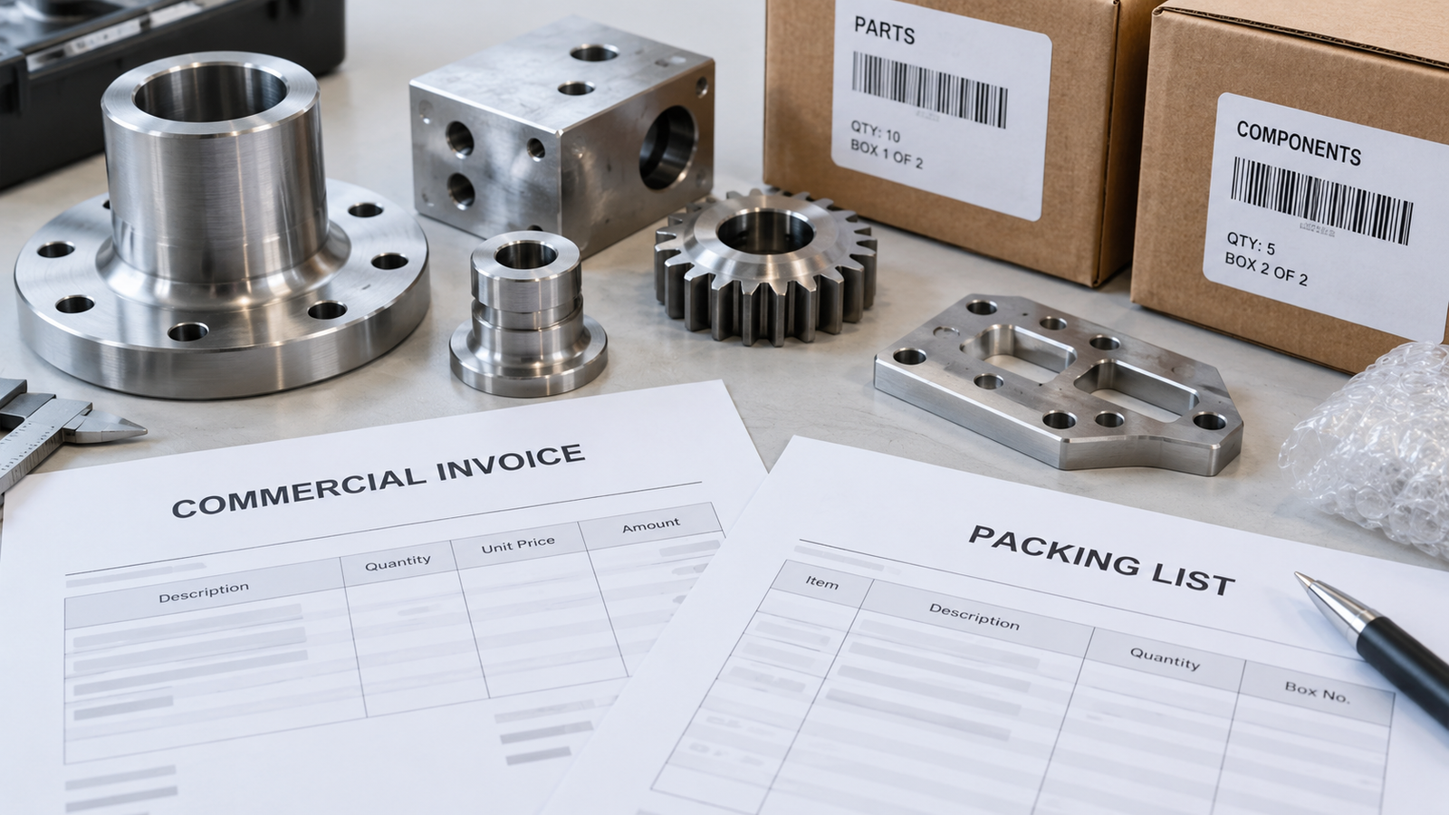 Illustrative shipping documents reviewed beside protected machined parts
