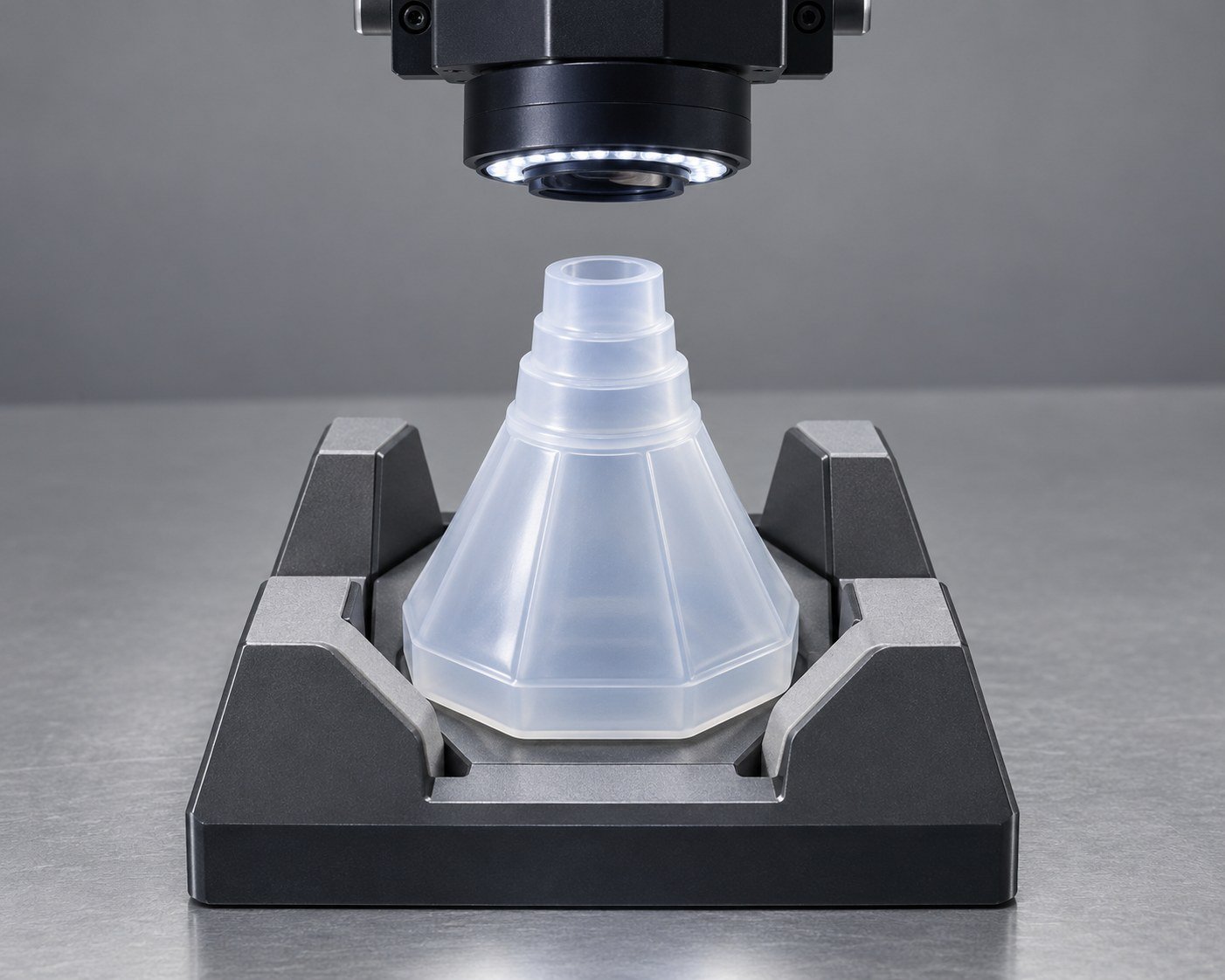 Pieza de silicona apoyada bajo una cámara de inspección óptica ilustrativa