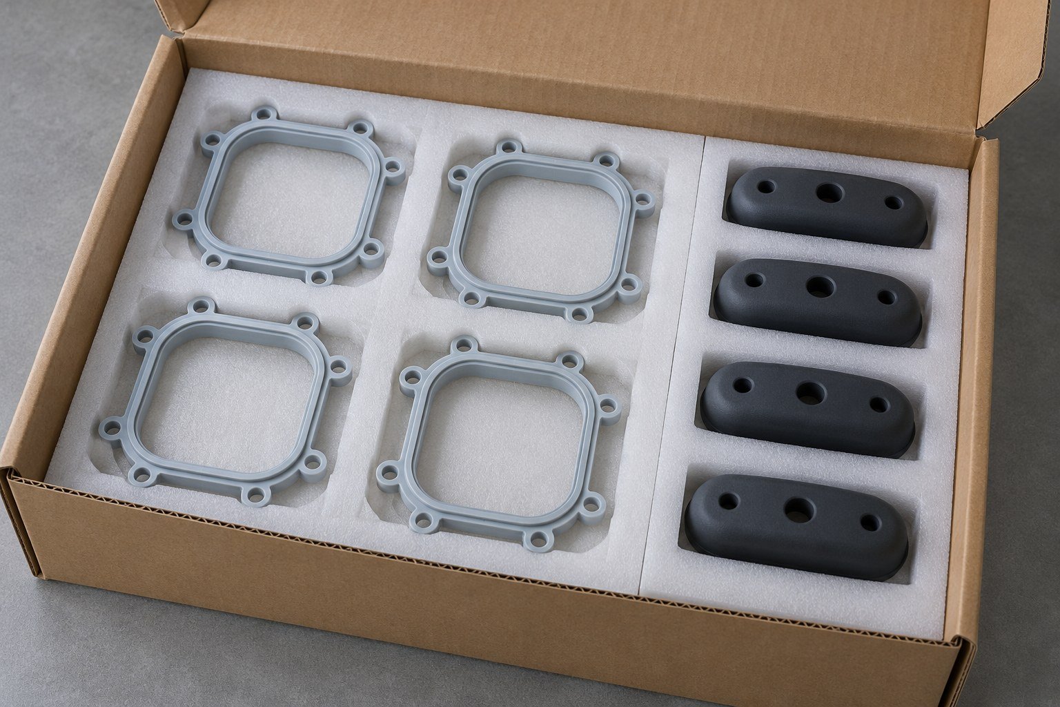 Piezas de silicona protegidas individualmente en una caja ilustrativa