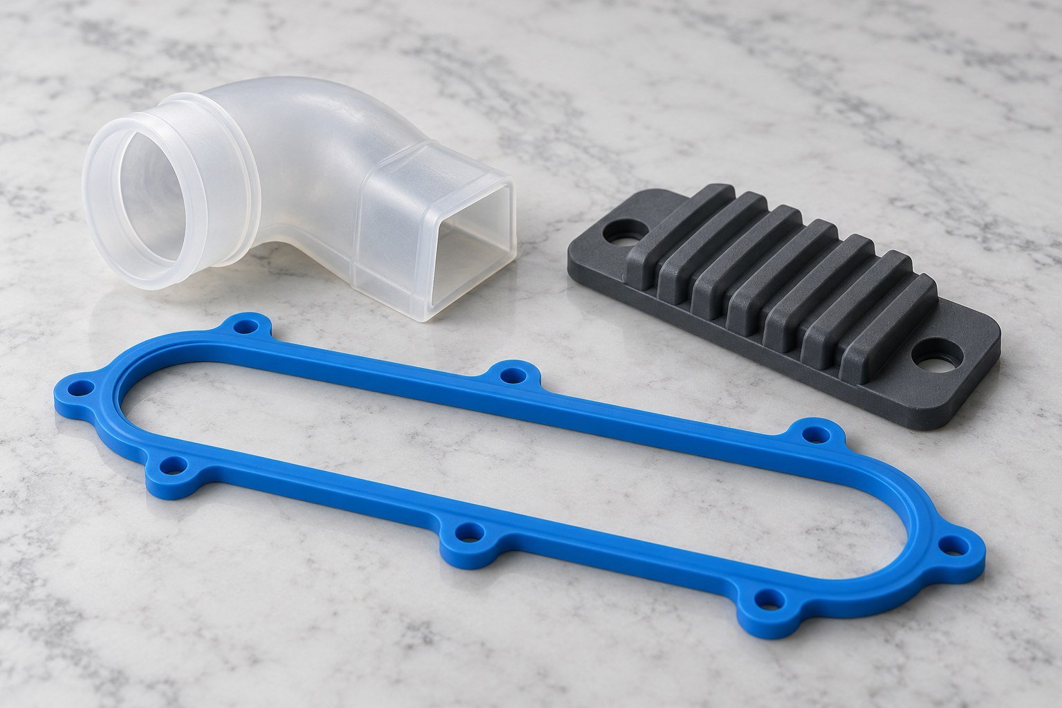 Joint silicone, soufflet translucide et butée grise illustratifs sur un établi