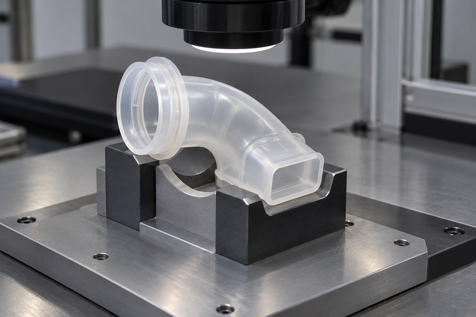 Pièce silicone soutenue sous une caméra de contrôle optique illustrative