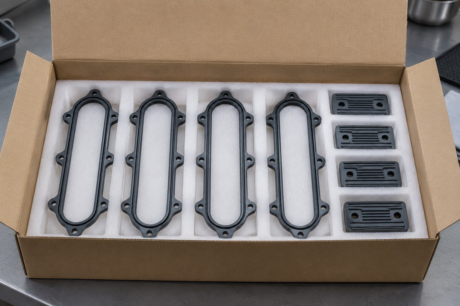 Pièces silicone protégées séparément dans un carton illustratif
