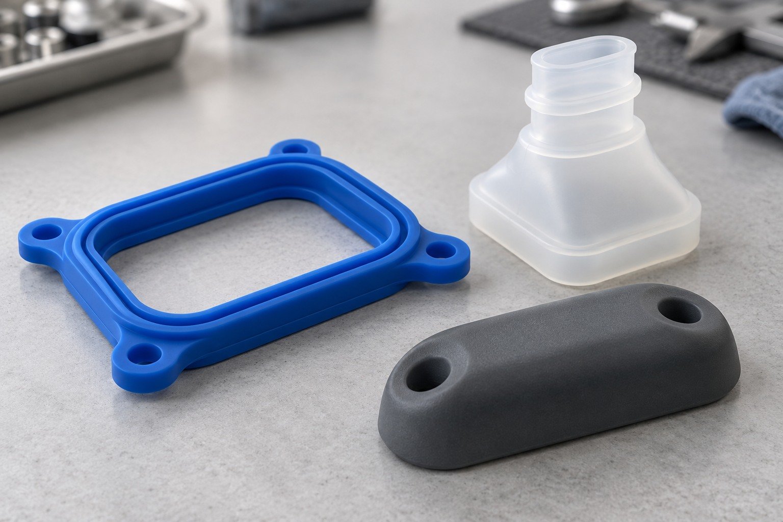 Illustrative silicone gasket, translucent protective boot and grey bumper on a bench