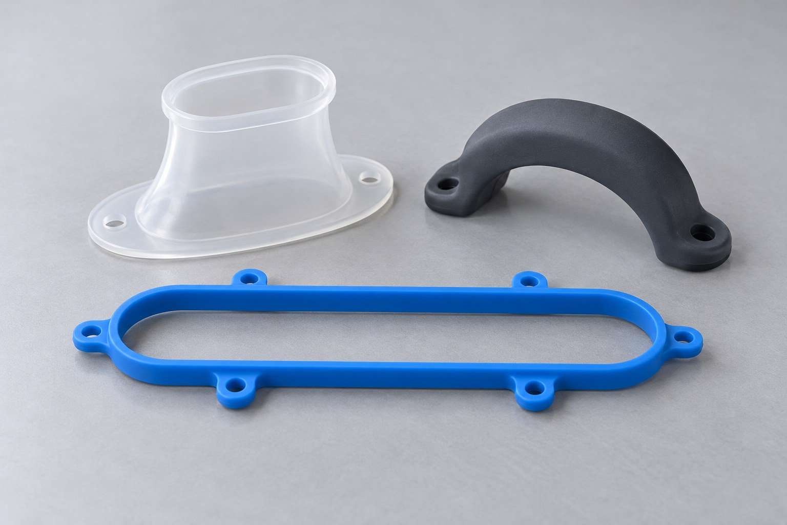 Guarnizione silicone, soffietto traslucido e tampone grigio illustrativi su banco