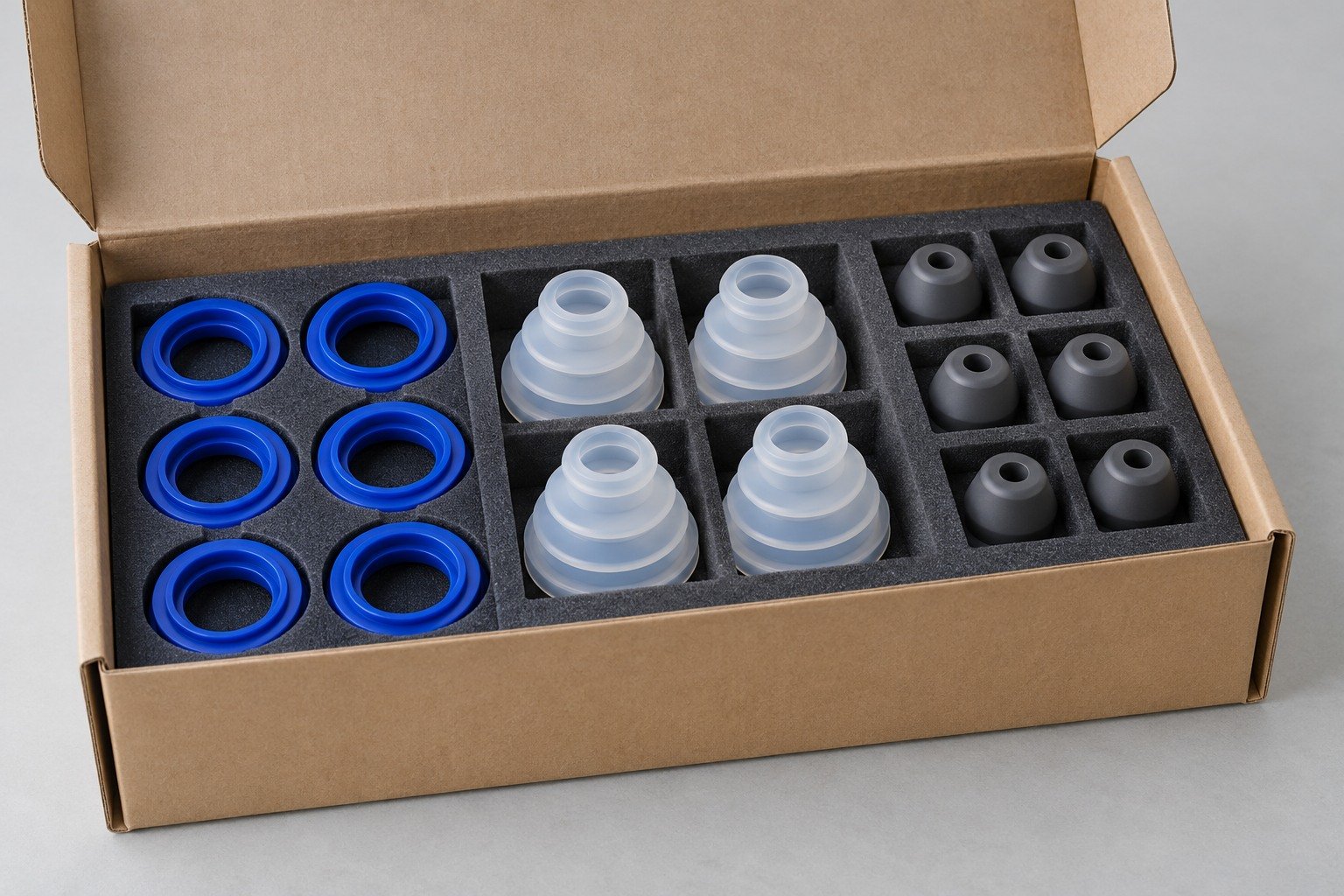 Illustrative individually protected silicone parts in a shipping carton