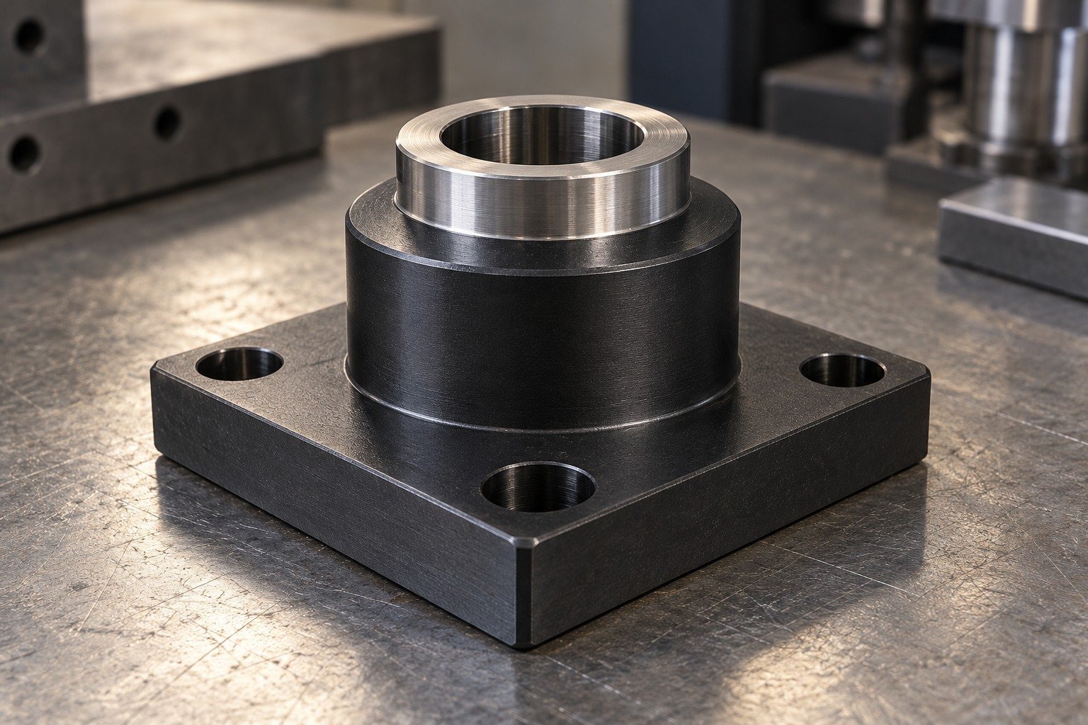 A small stout punch-holder coupon with broad square flange and central stepped bore, clearly dark matte black oxide exterior, bright ground locating shoulder only. — illustrative generated component concept