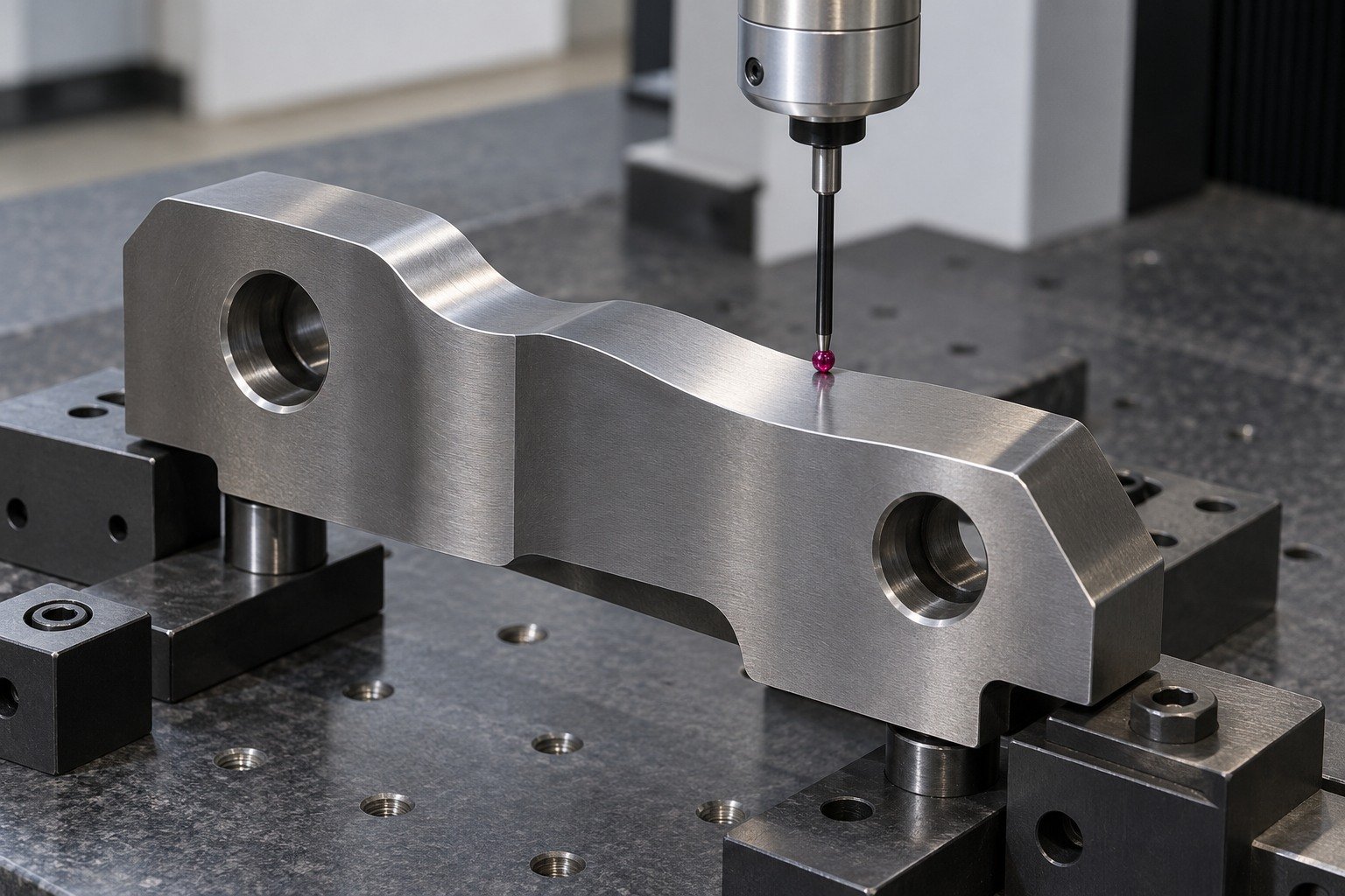 A thick tooling insert with a smooth stepped scalloped profile and two offset mounting bores in a CMM fixture, ruby probe touching an accessible broad profile surface. — illustrative generated component concept