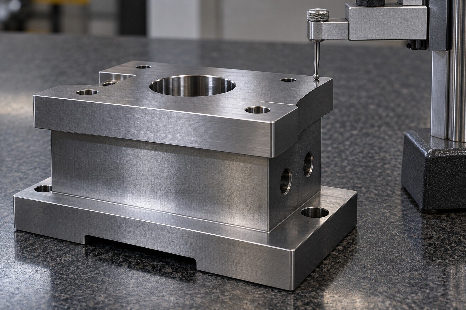 A first-machined stout punch holder with two broad locating lands on granite, height-gauge stylus physically touching the upper reference plane, no numeric display. — illustrative generated component concept