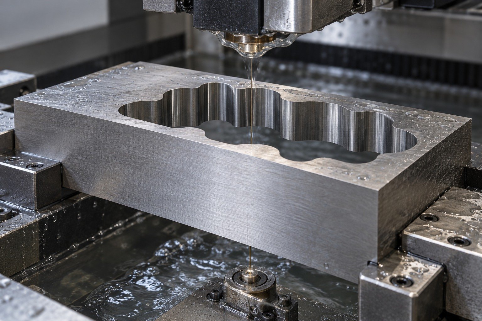 A stout rectangular form-tool blank with an open rounded scalloped through-profile in a wire EDM machine, one hair-thin vertical wire and credible upper guide with dielectric, no milling spindle or dramatic sparks. — illustrative generated component concept