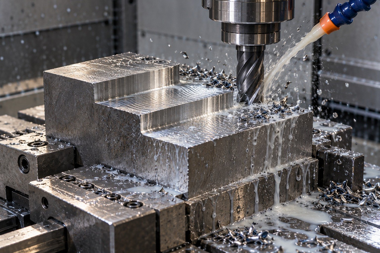A stout rectangular form-tool blank in a milling vise, carbide end mill roughing an accessible broad stepped profile with cutting fluid and short wet steel chips. — illustrative generated component concept