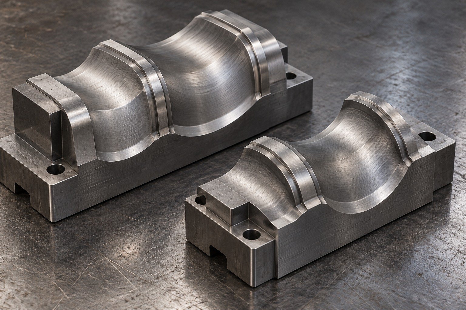 Two different form-tool blanks with broad rounded scalloped profiles and raised finish-stock bands, substantial mounting sections, natural machined steel. — illustrative generated component concept