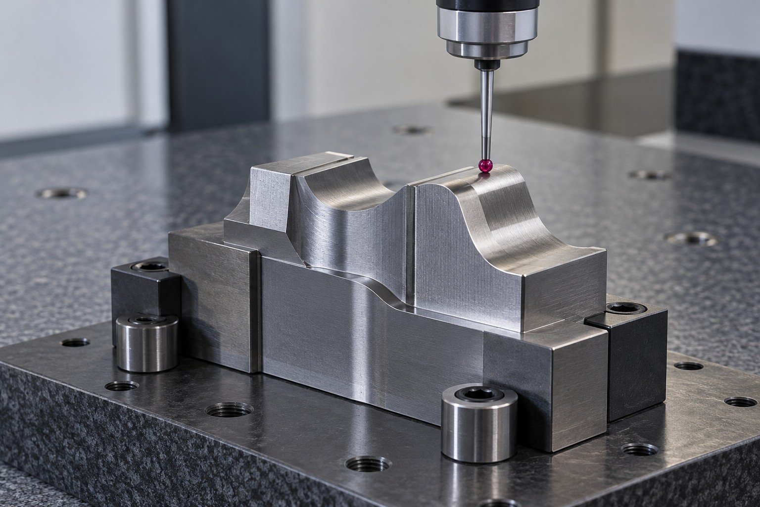 A compact form-tool blank on a CMM fixture, ruby stylus touching an accessible broad profile land with clear probe-head clearance, no readouts. — illustrative generated component concept