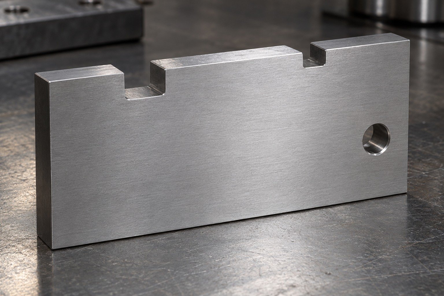 A thick rectangular tooling coupon with two unequal shallow notches and a small offset bore, uniform fine ground texture across broad reference face. — illustrative generated component concept