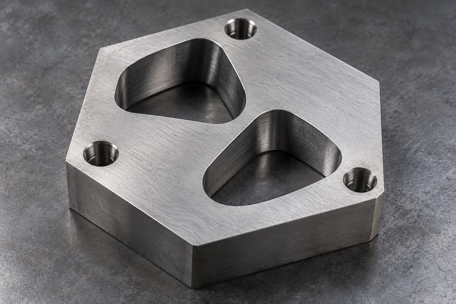 A thick hexagonal tooling insert with two offset rounded triangular apertures, broad supporting lands and three mounting bores, satin steel catalog image. — illustrative generated component concept