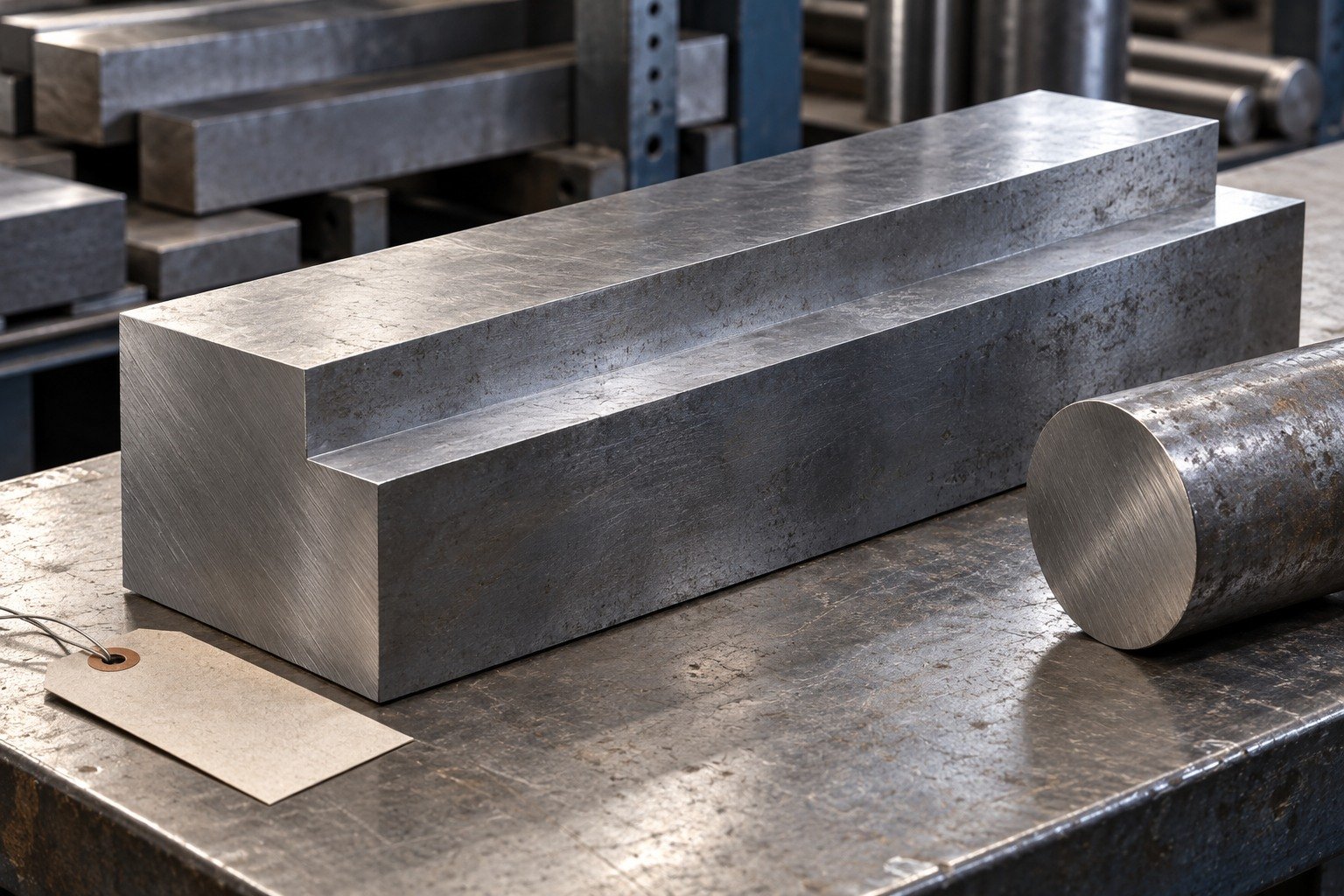 A rectangular high-speed-steel stock blank with a shallow step and a short round cutoff on receiving bench, blank inventory tag, no grade stamps, hardness numbers or certificates. — illustrative generated component concept