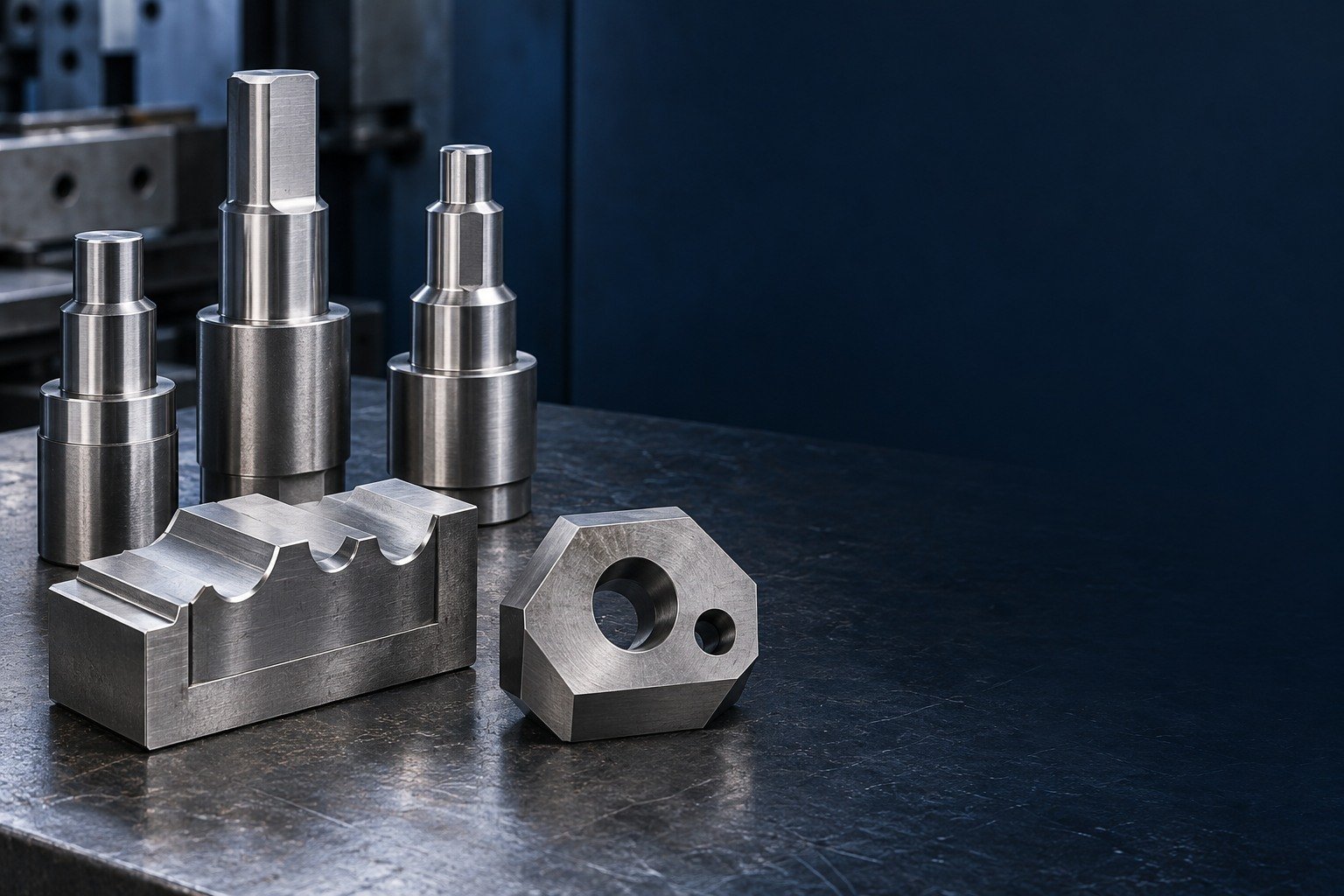 Wide industrial catalog arrangement of high-speed-steel tooling concepts on LEFT half: three short stout stepped precision punches, a compact rectangular form-tool blank with a broad scalloped profile, and a thick hexagonal wear insert with two offset apertures — illustrative generated component concept
