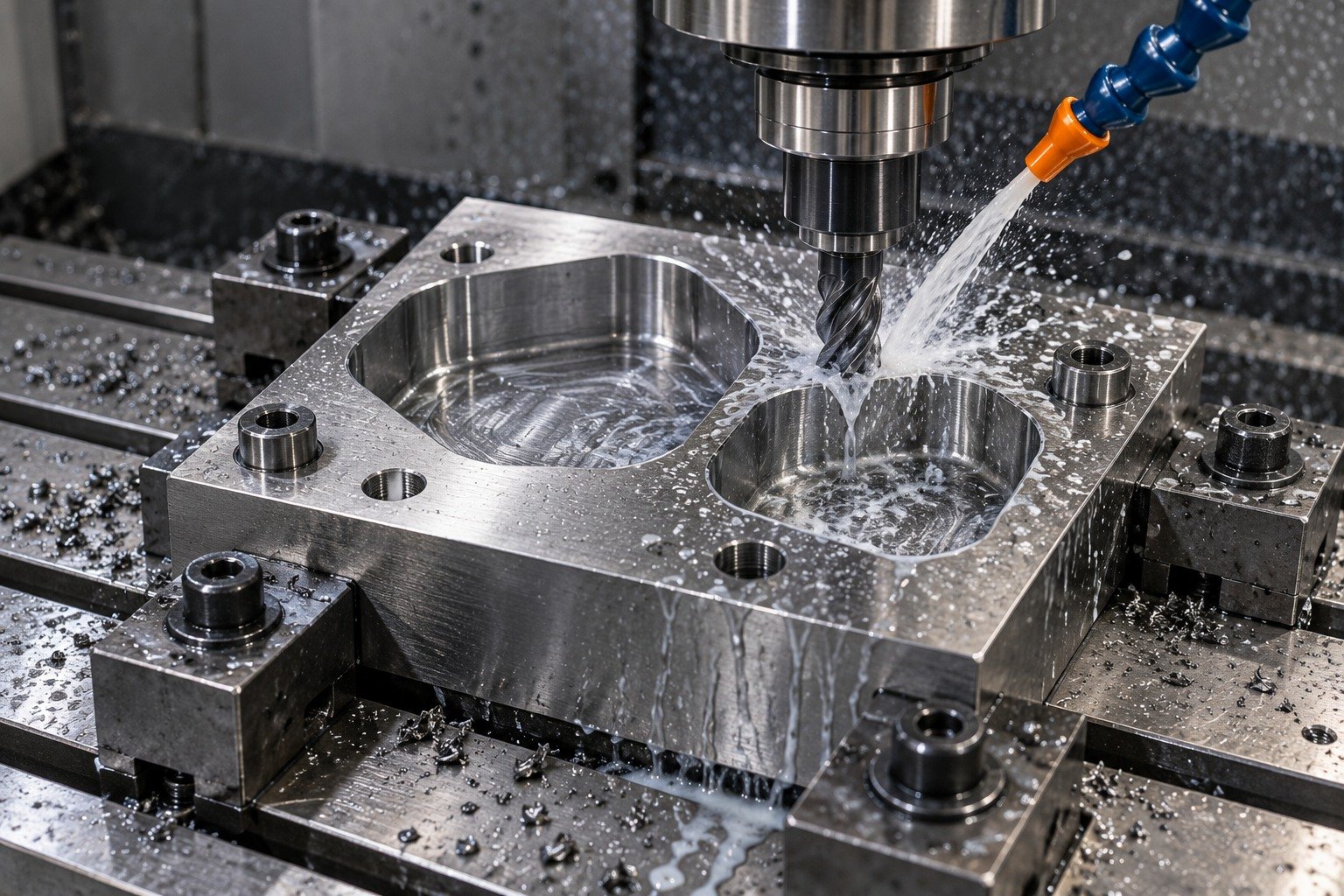 A unique compact tooling block with two unequal rounded polygonal pockets, broad mounting pads and offset dowel bores, securely clamped during carbide milling under localized coolant. — illustrative generated component concept