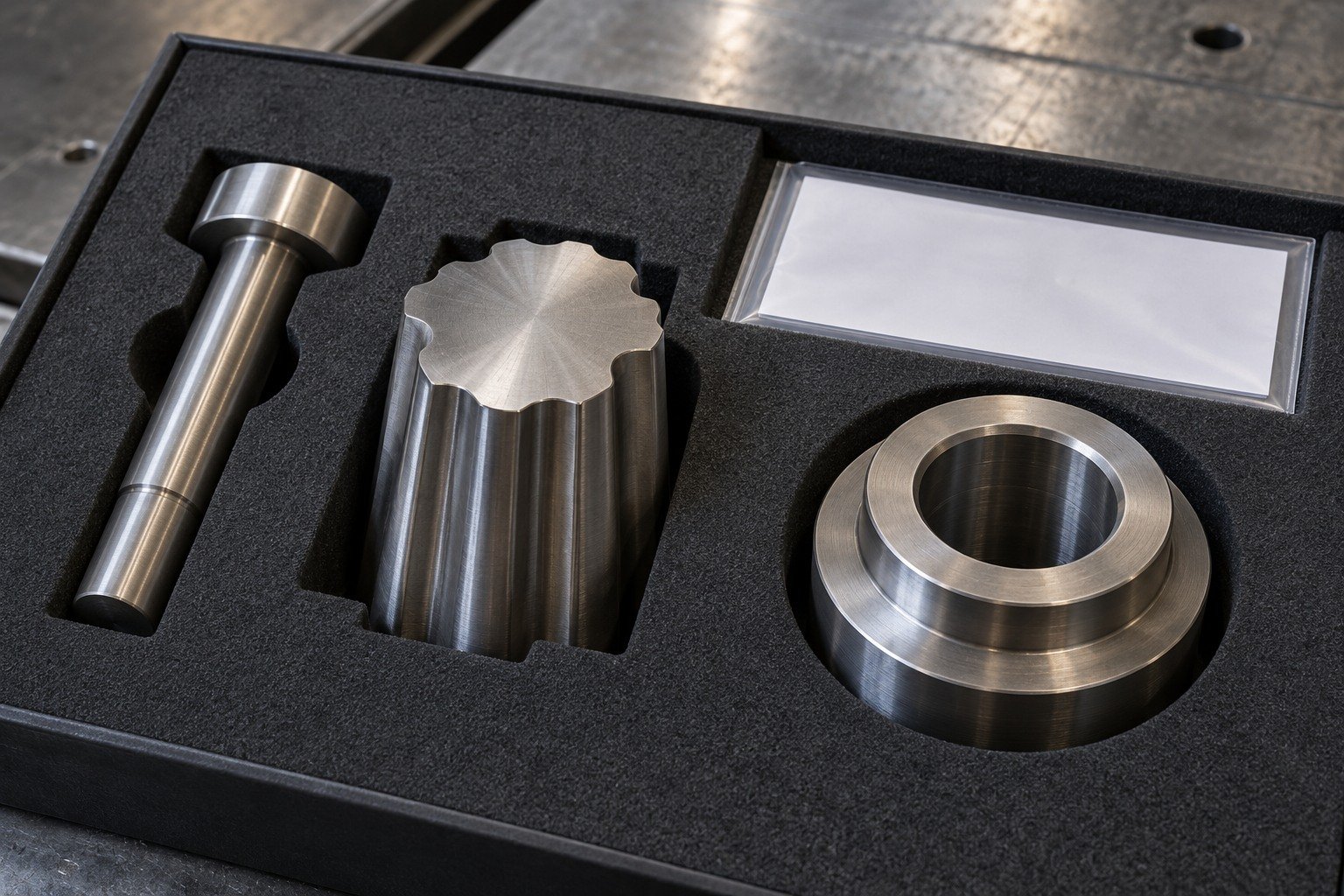 A fitted foam tray containing separate pockets for a short headed punch, a stout scalloped form-tool blank and a thick stepped wear bushing, blank document sleeve, no logos. — illustrative generated component concept