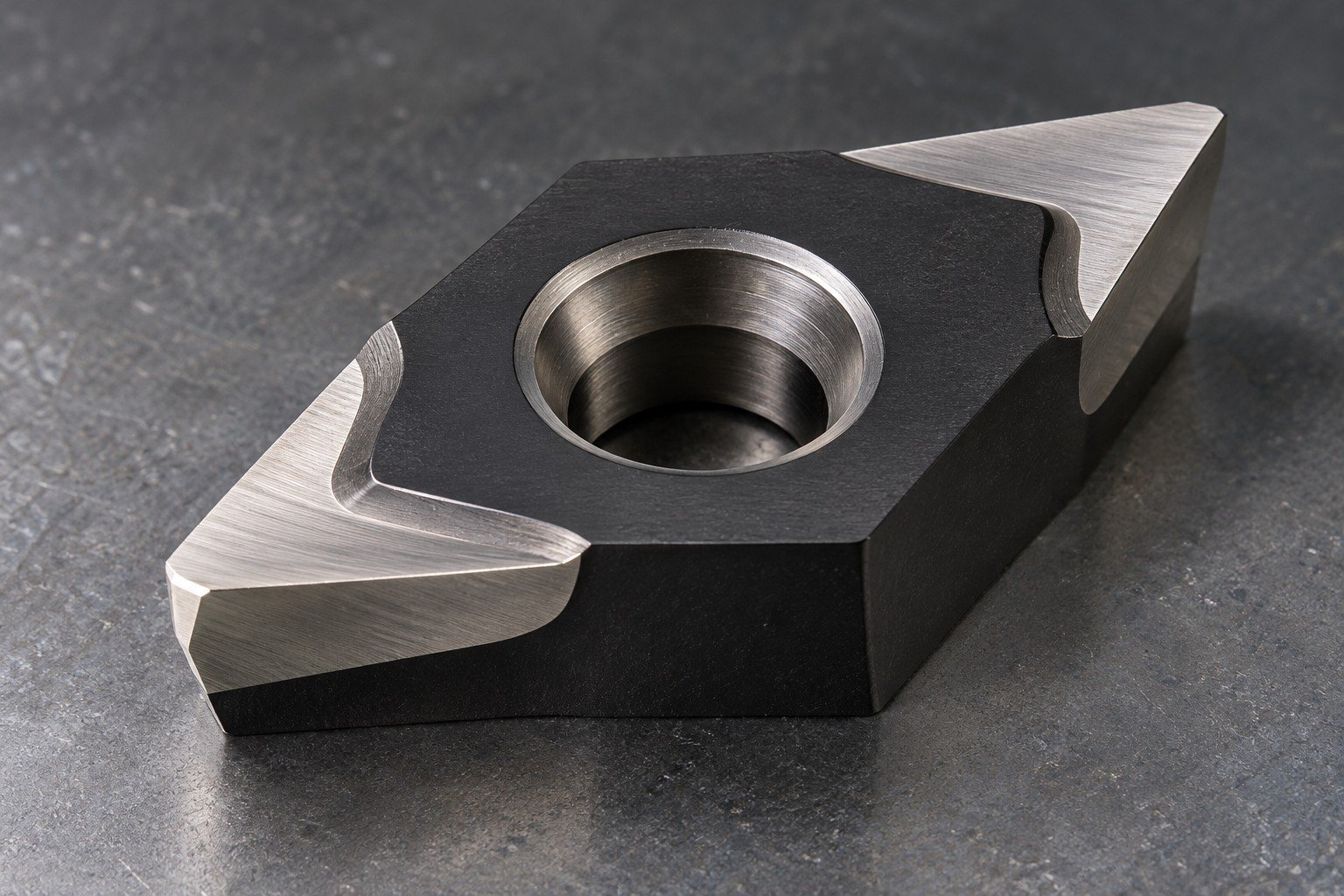 A tooling wear insert with restrained dark protective exterior and bright uncoated ground working land and locating face, plausible clear mask boundaries, appearance concept only. — illustrative generated component concept
