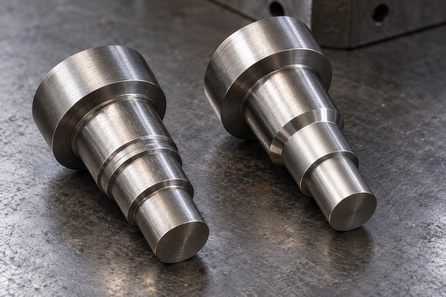 Two short tooling punch blanks with broad heads and different working-tip steps, clearly raised finish-stock rings on one and ground locating lands on the other. — illustrative generated component concept