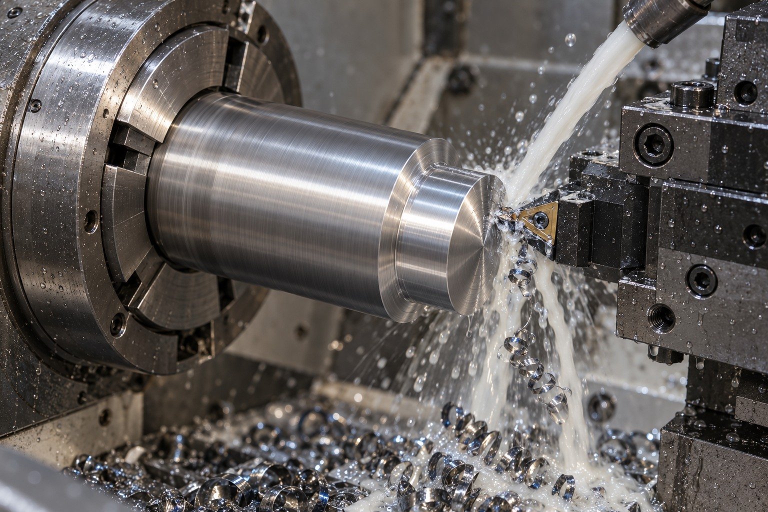 A stout punch-holder blank in a collet lathe, insert tool finishing a short broad shoulder with a visible cutting-fluid stream and realistic wet chips. — illustrative generated component concept