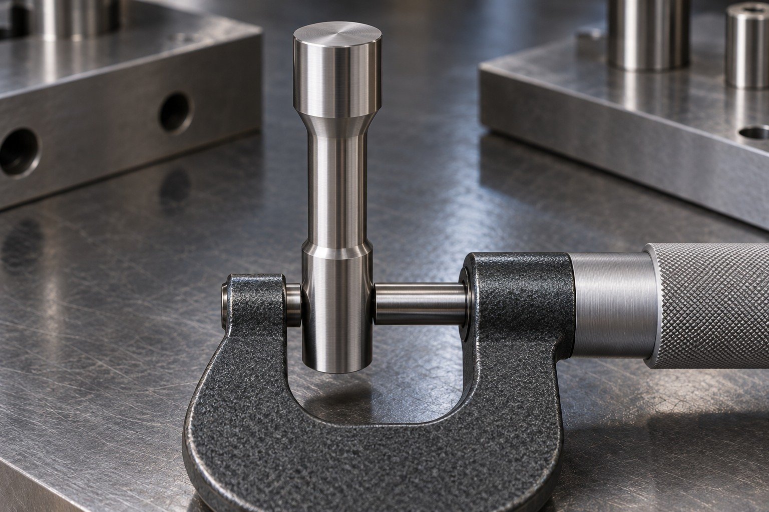 A short headed precision punch with an outside micrometer physically contacting opposite sides of its cylindrical locating shank, no hands or measurement numbers. — illustrative generated component concept