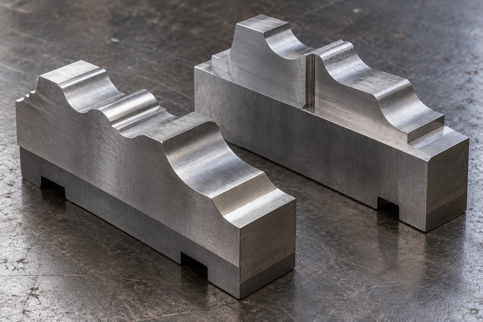 Two compact rectangular high-speed-steel form-tool blank concepts with broad stepped scalloped profiles and stout mounting heels, no sharpened knife edges or finished cutter claims. — illustrative generated component concept