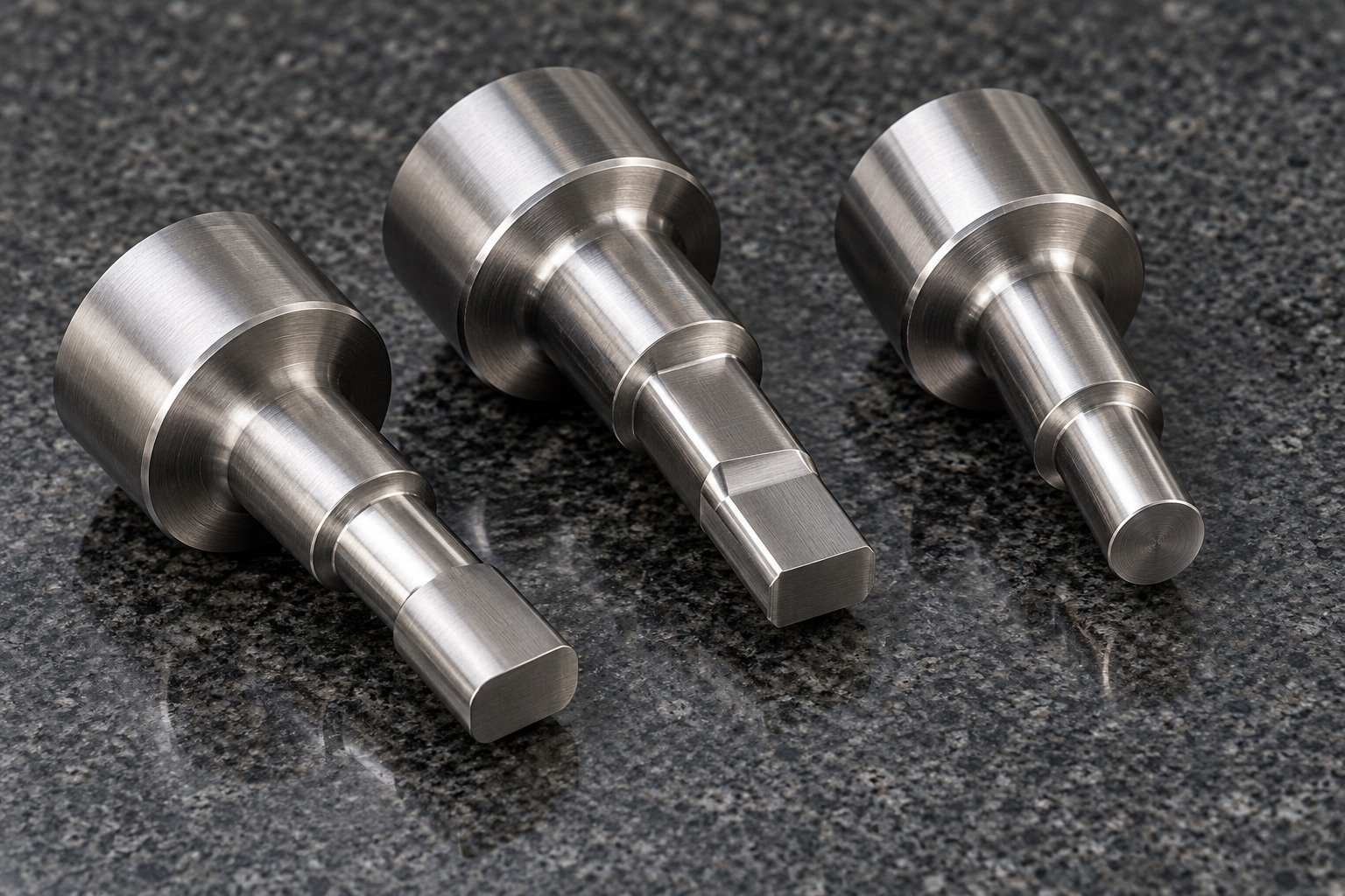 Three short precision punch concepts with broad heads and different stepped blunt oblong and round working tips, generous shoulder radii and ground locating shanks on granite. — illustrative generated component concept
