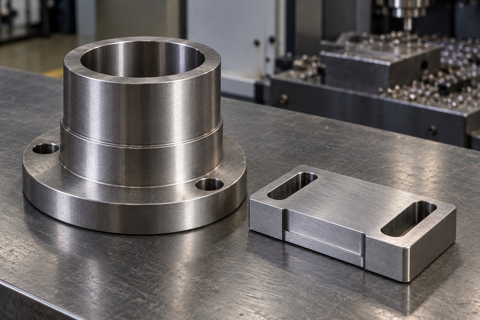 A thick short stepped wear bushing with offset flange holes beside a compact rectangular wear spacer with two wide mounting slots and a relieved reference face. — illustrative generated component concept