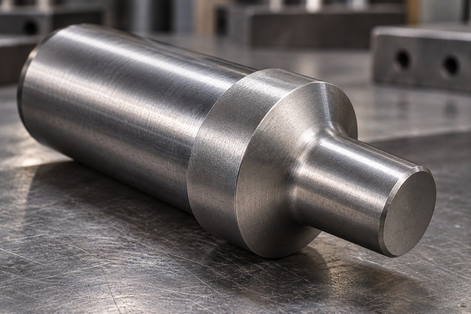 Close macro view of a stout precision punch with broad rounded shoulder, short blunt working tip and generous transition radius, uniform fine steel texture, no broken edge. — illustrative generated component concept