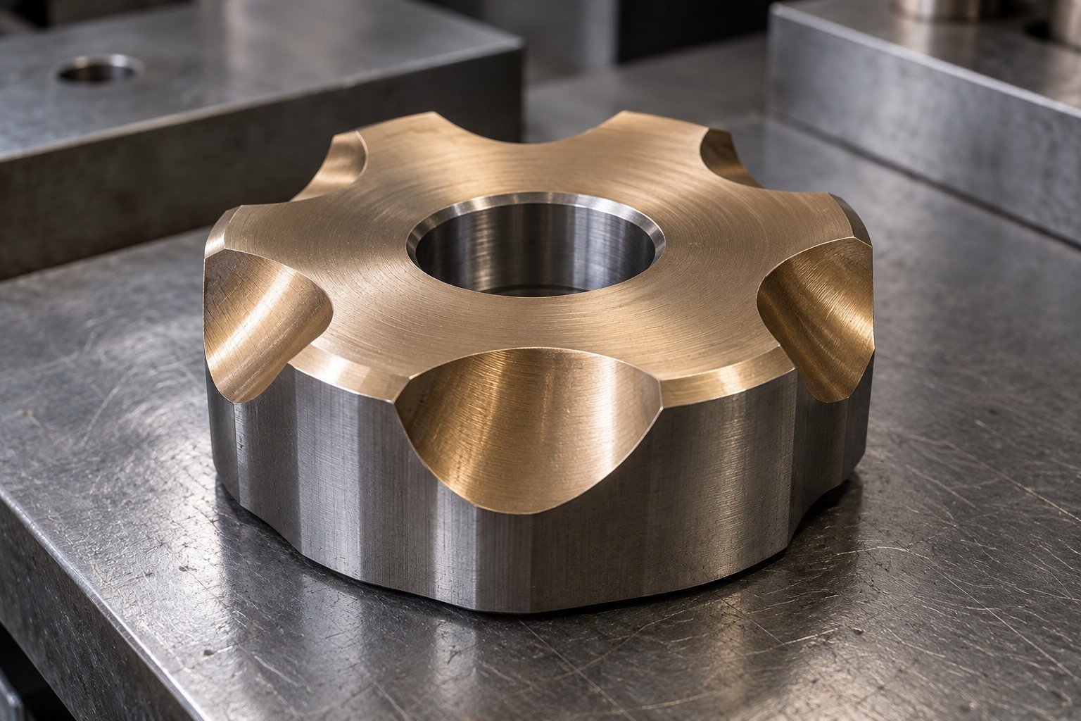 A compact scalloped form-tool sample with muted bronze-gold appearance on a broad upper pad and uncoated grey datum faces, credible masked boundaries, no finish-performance claims. — illustrative generated component concept