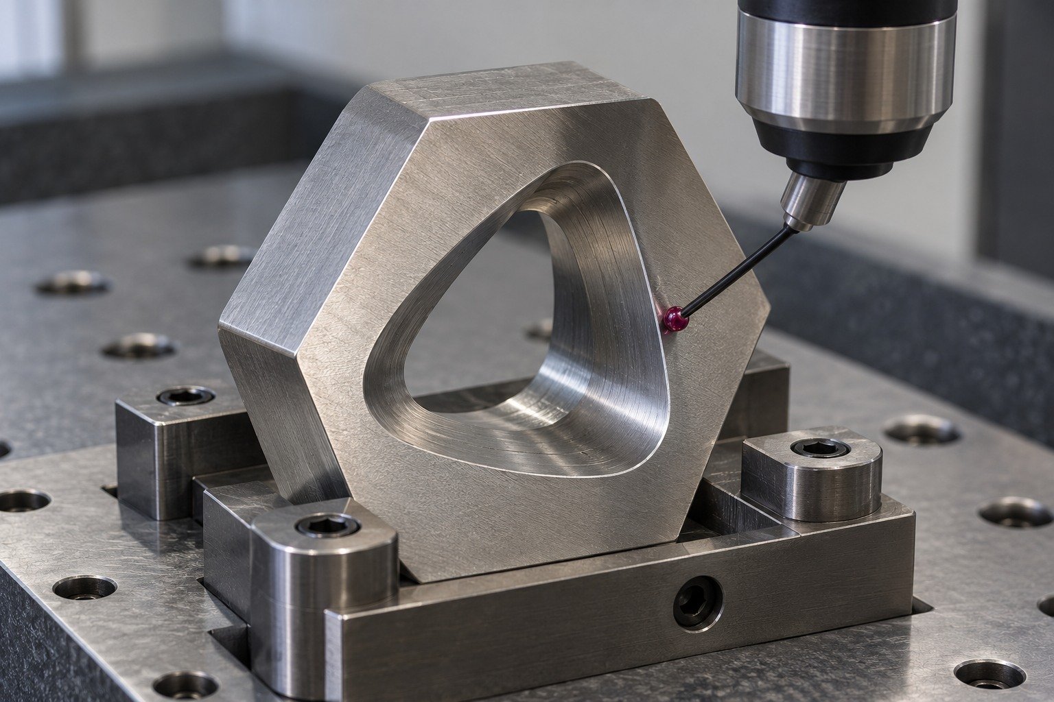 A thick hexagonal insert in a CMM fixture, ruby stylus touching the broad wall of an accessible rounded triangular working opening, compact plausible probe head. — illustrative generated component concept